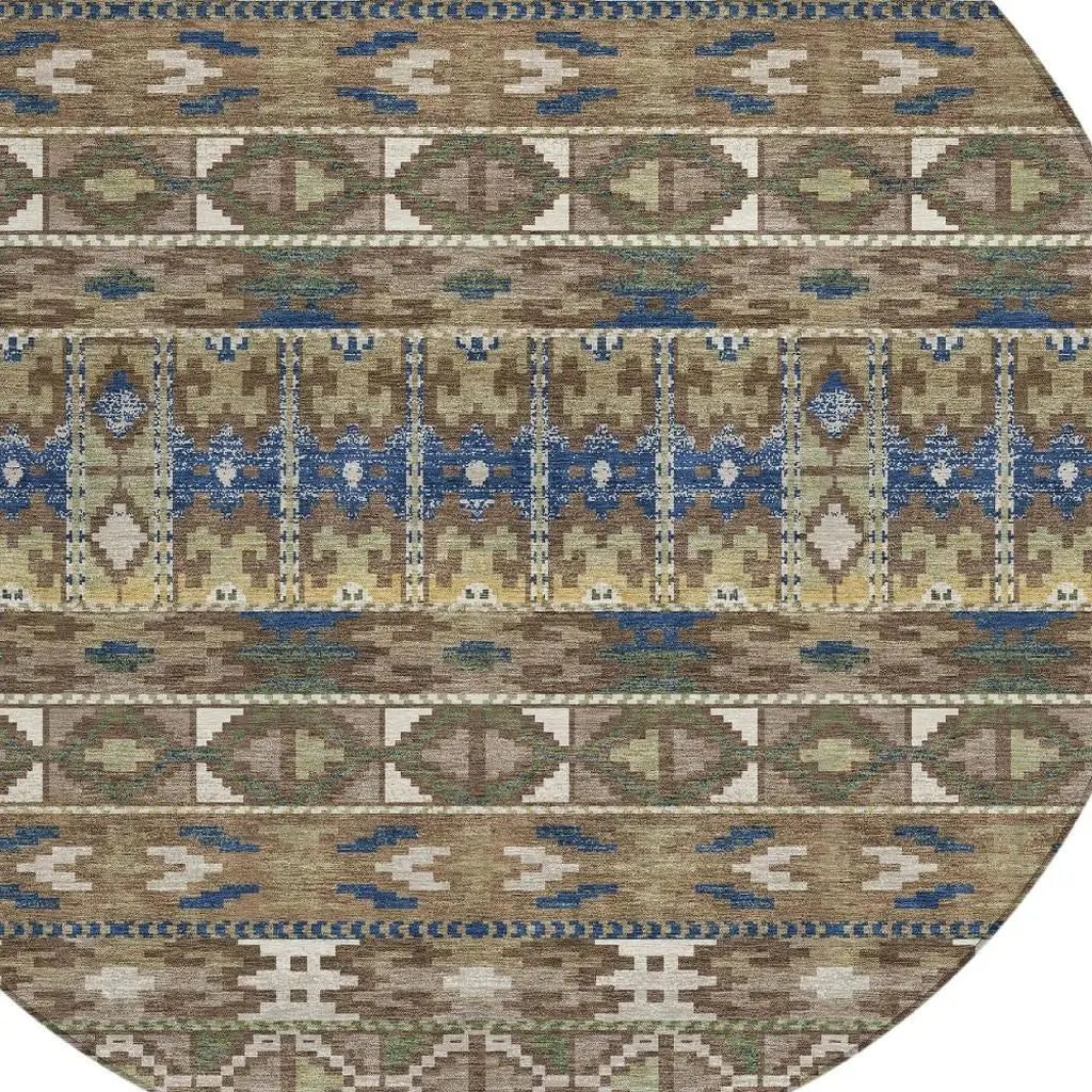 8' Brown And Taupe Round Geometric Washable Indoor Outdoor Area Rug Homeroots Outdoor